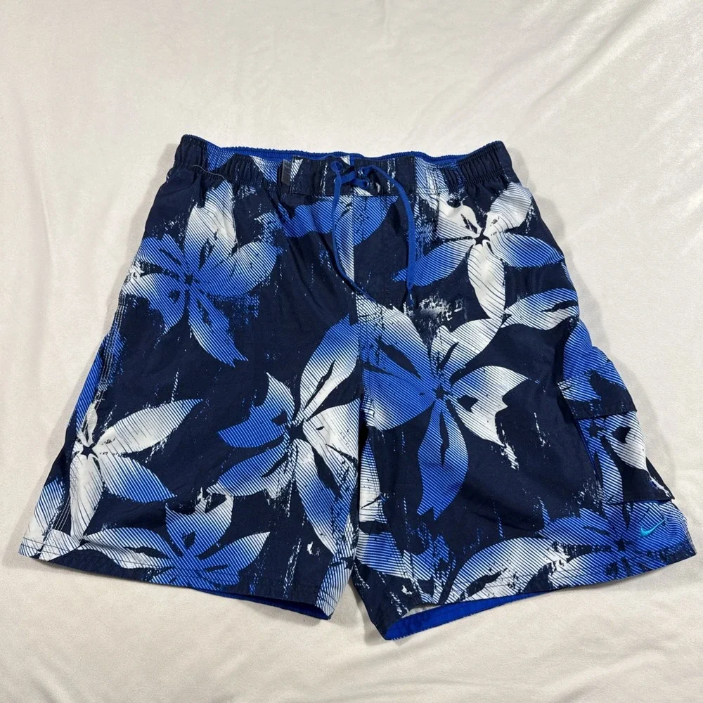 Nike Swim Trunks Shorts Mens L Blue Black‎ White Floral Print Lined Pockets